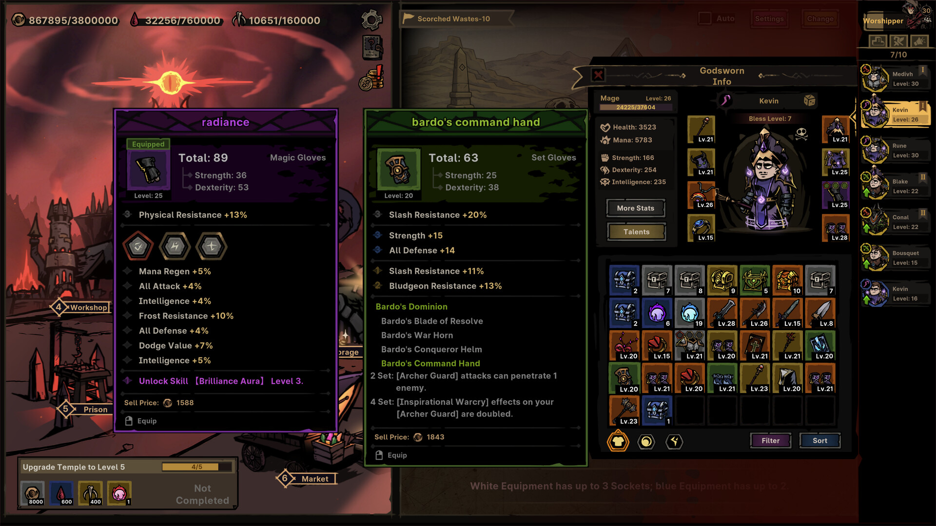Path of Idle comparison between magic gloves and set gloves with affixes and set bonuses
